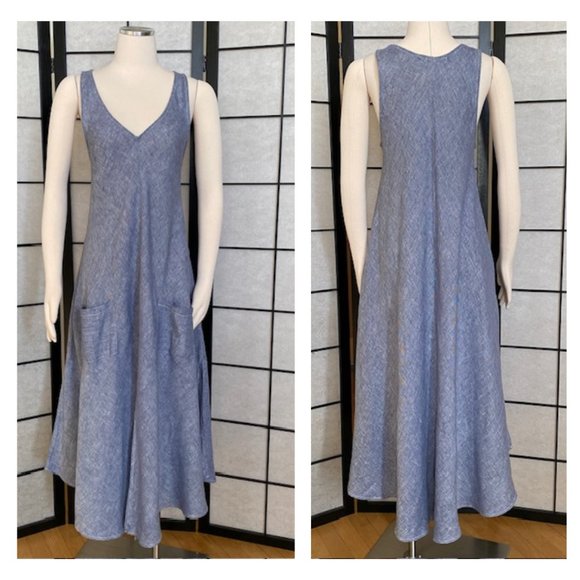 CP Shades Cove Blue Linen Sleeveless V Neck Maxi Dress - Size Small - Picture 1 of 15